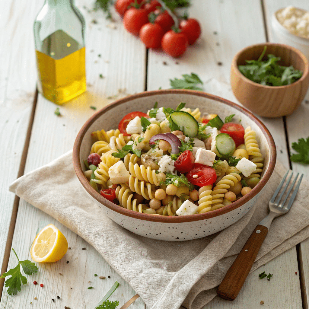 high-protein chickpea pasta salad