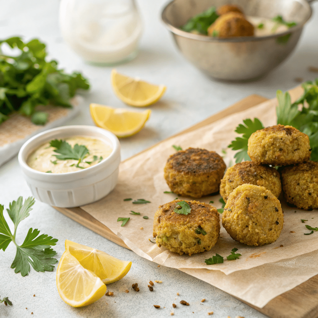 freshly baked falafel on parchment paper,