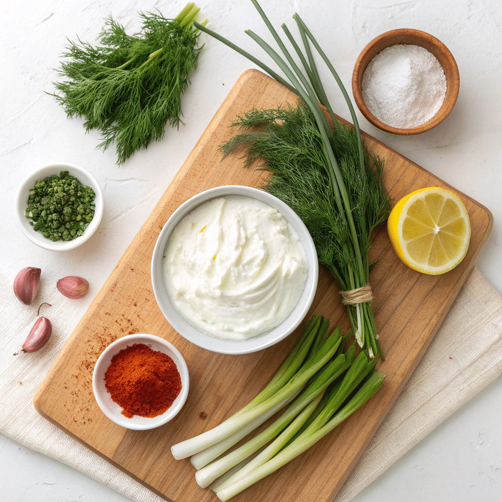fresh ingredients for Greek yogurt dip