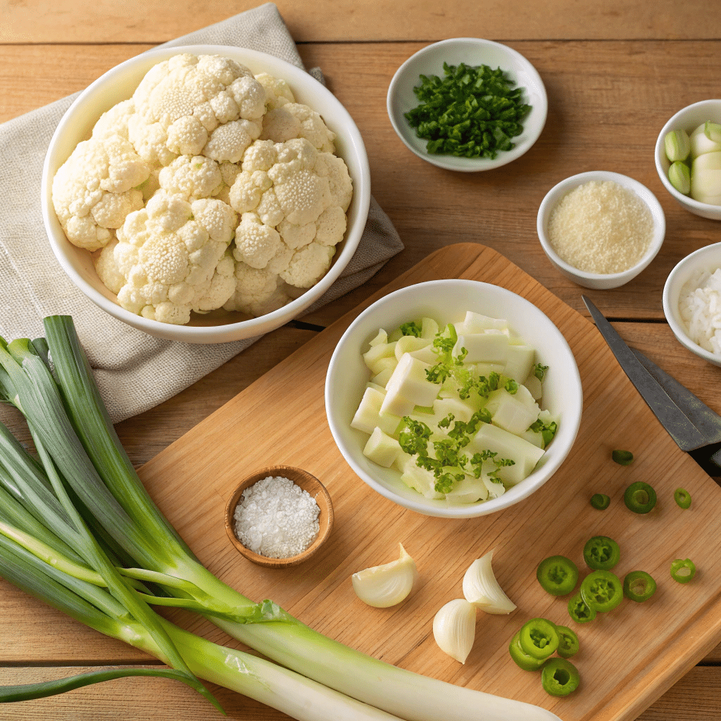 fresh ingredients for cauliflower and leek mash