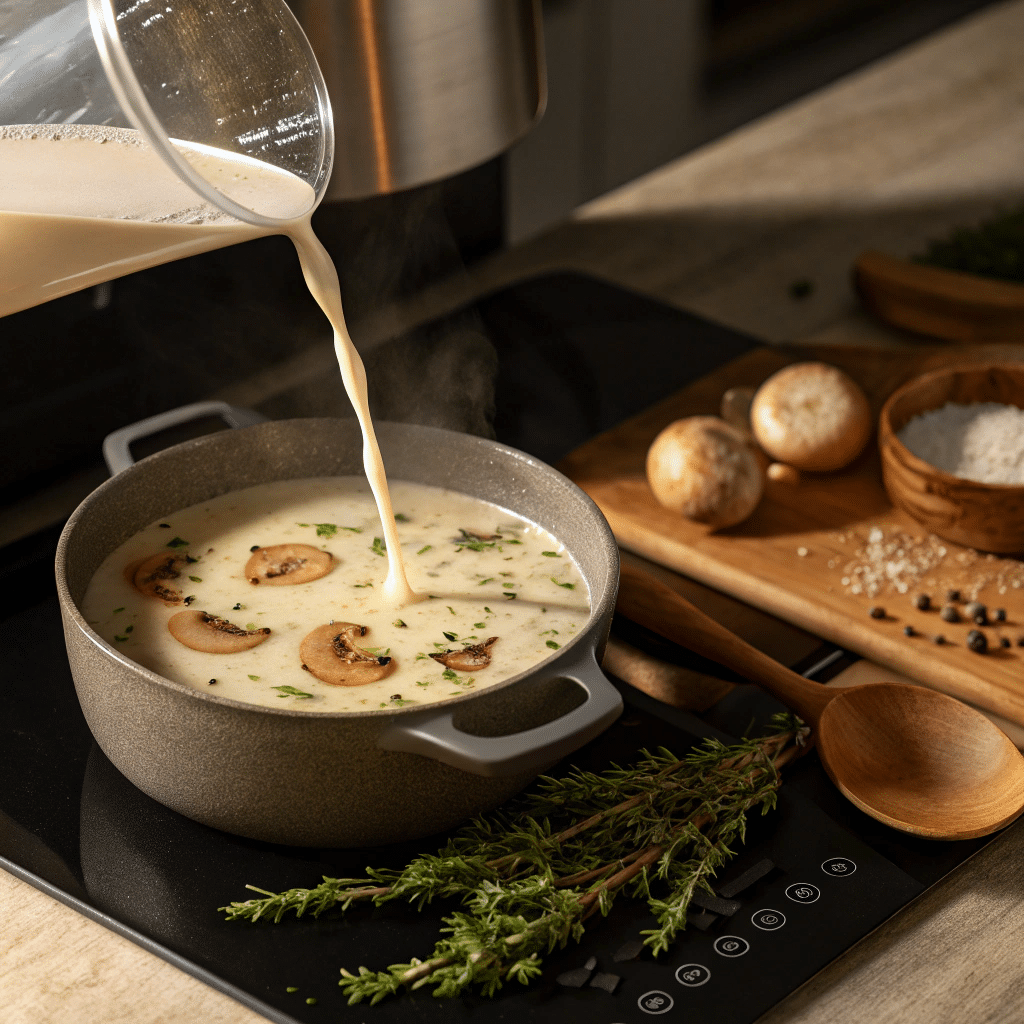almond milk into creamy mushroom soup