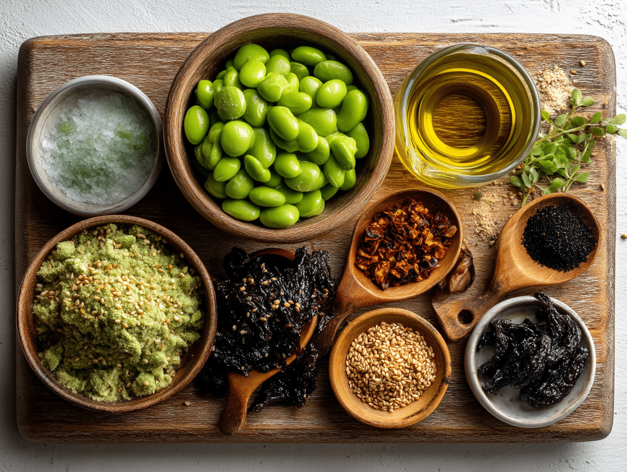 ingredients for roasted edamame with sea salt