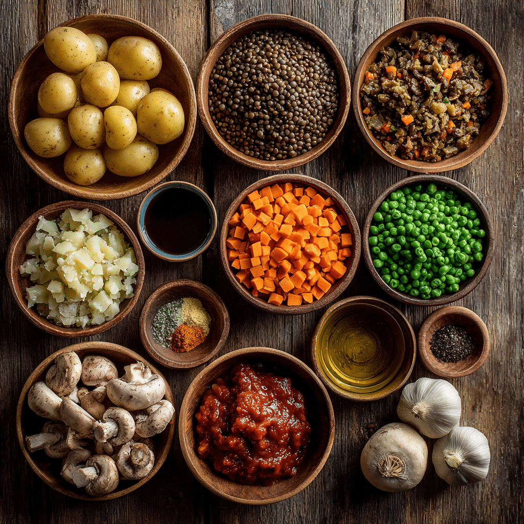ingredients for vegan lentil shepherd’s pie