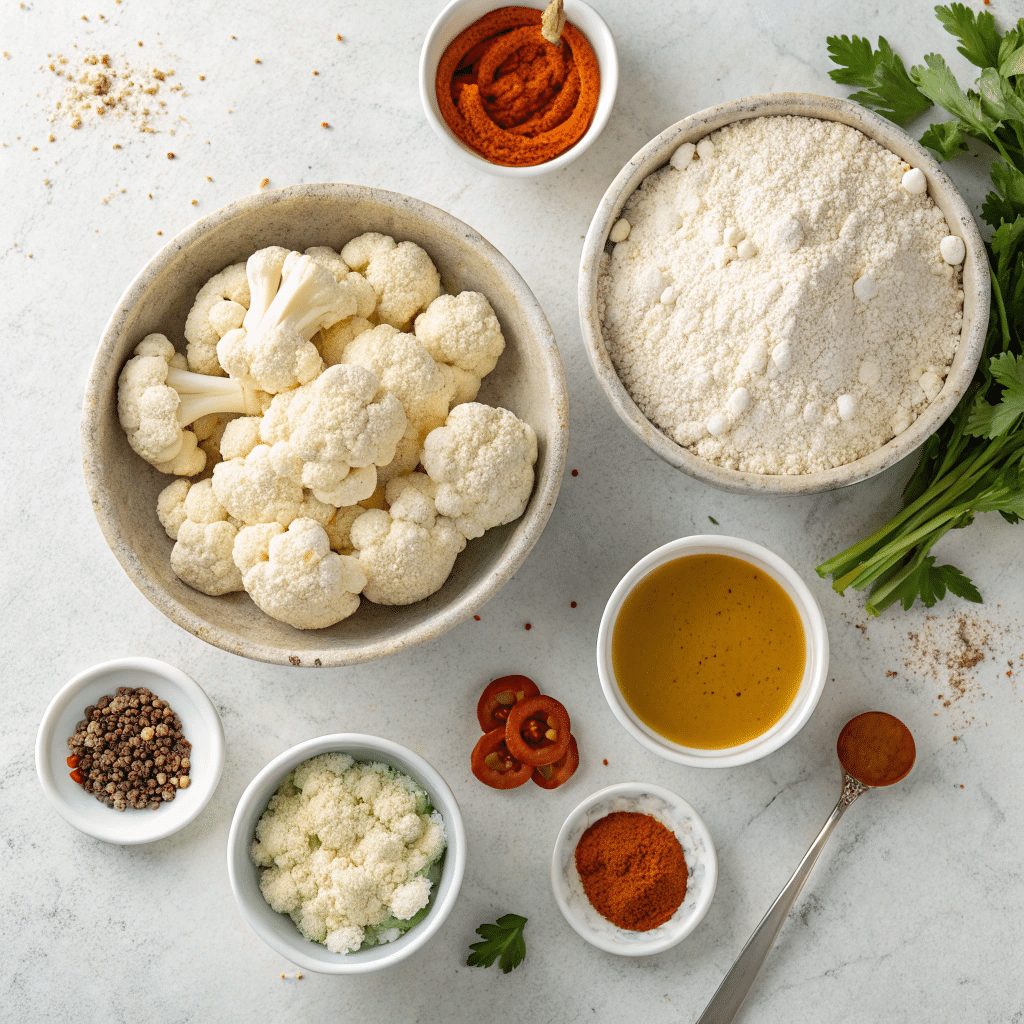 raw ingredients for buffalo cauliflower bites