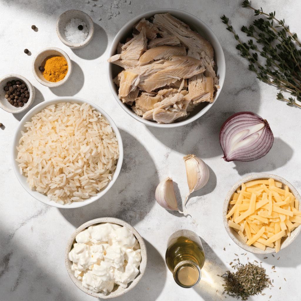 Ingredients for protein chicken rice casserole