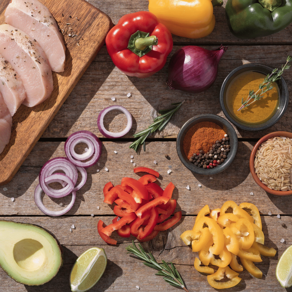 Ingredients for a chicken fajita bowl