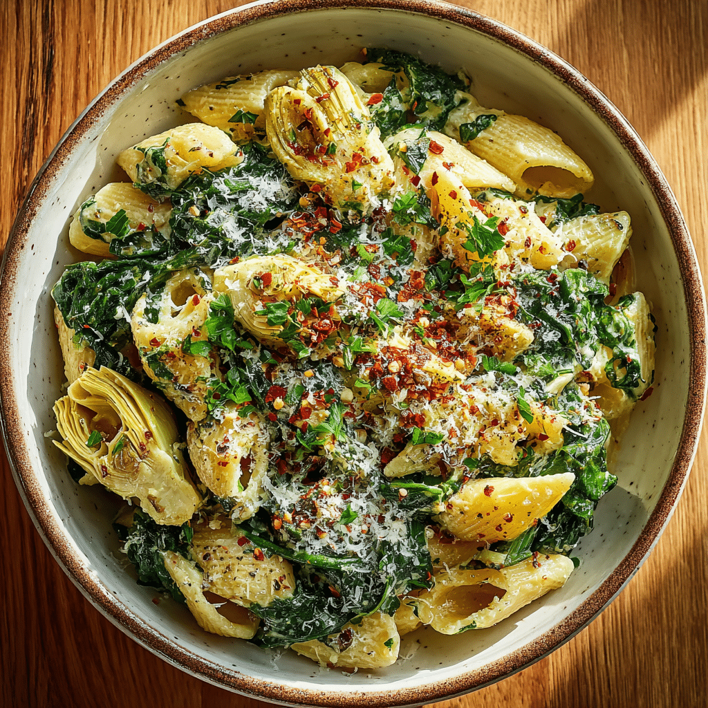 creamy vegan spinach and artichoke pasta