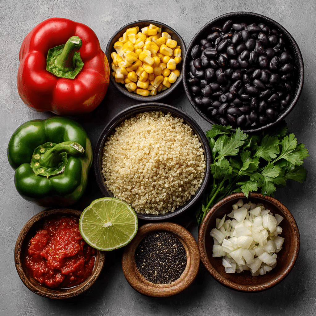 flat lay of ingredients for vegan quinoa stuffed peppers