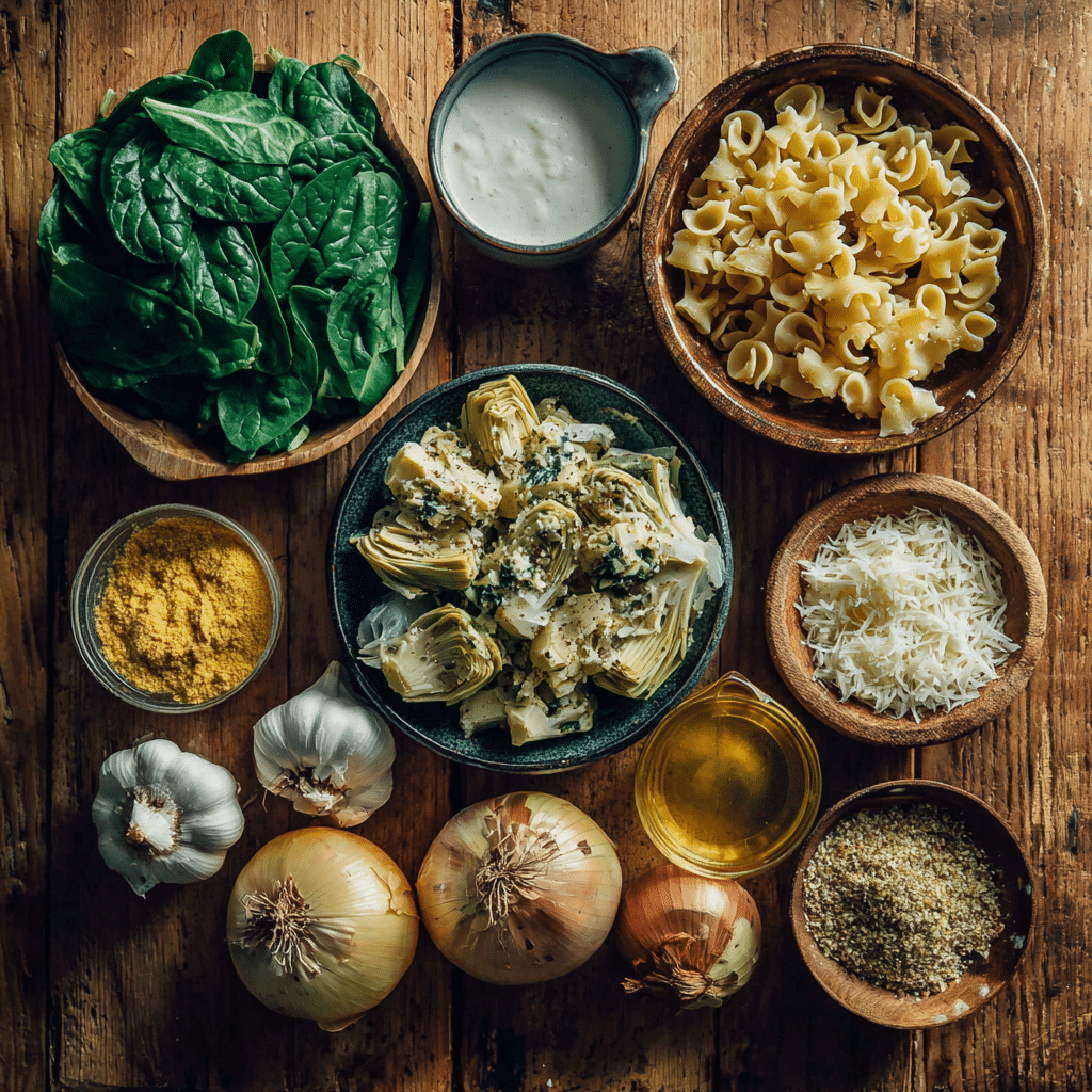 ingredients for vegan spinach and artichoke pasta