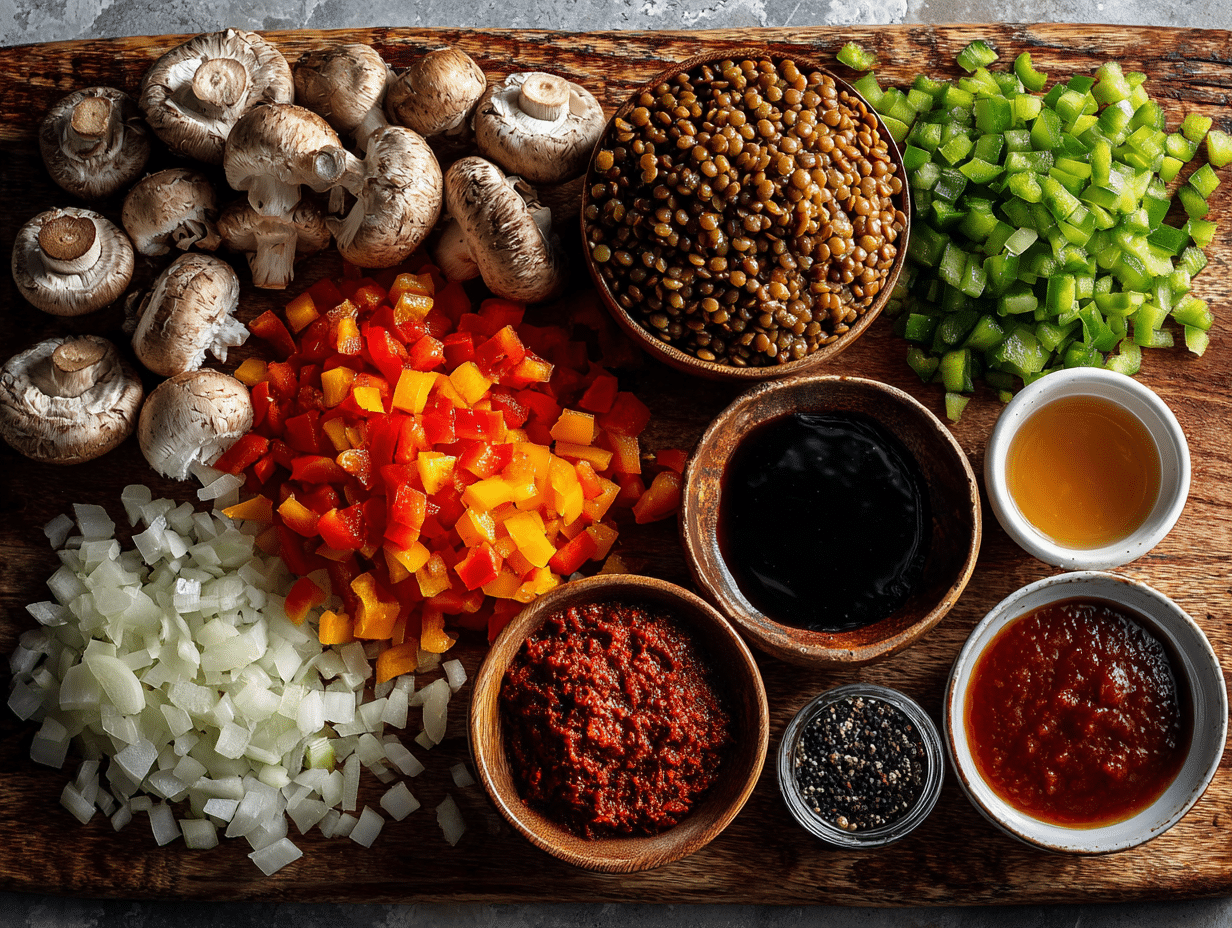 all ingredients for mushroom lentil sloppy joes