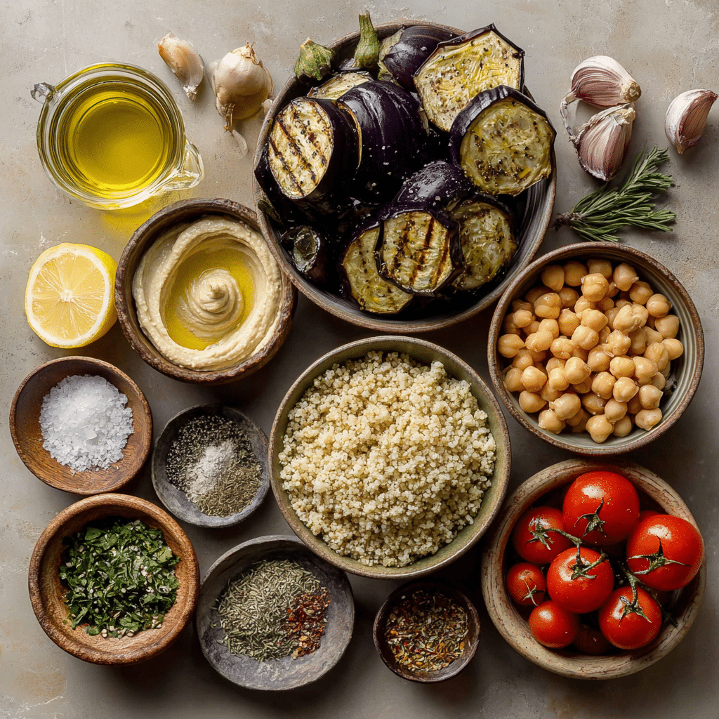 all ingredients for roasted eggplant tahini bowl