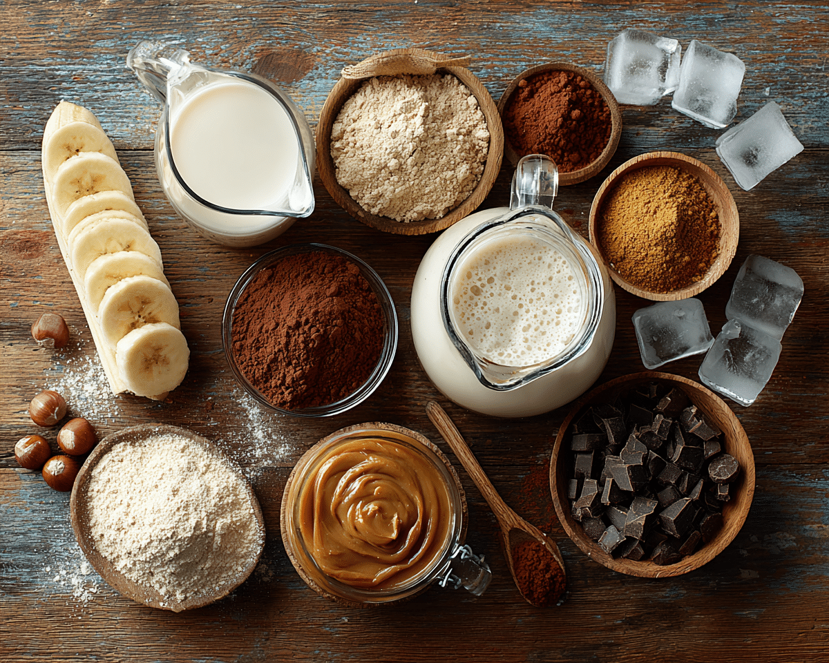 all ingredients for a maca cacao smoothie: banana