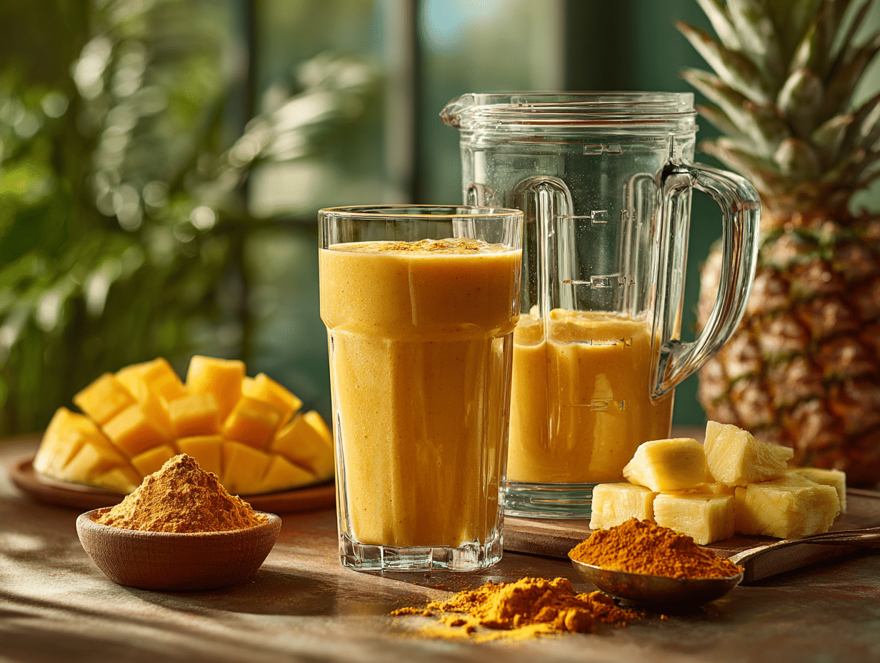 freshly blended camu camu tropical smoothie in a glass