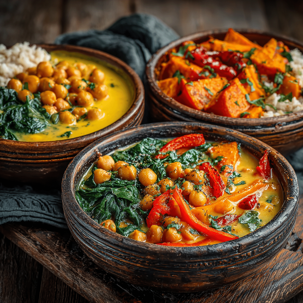 Three bowls of chickpea coconut curry variations