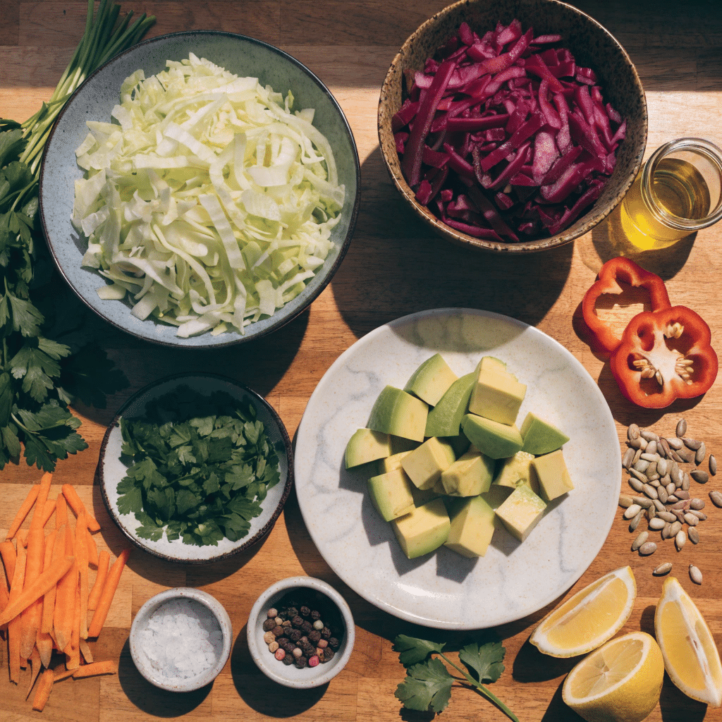 Ingredients for a crunchy cabbage avocado bowl