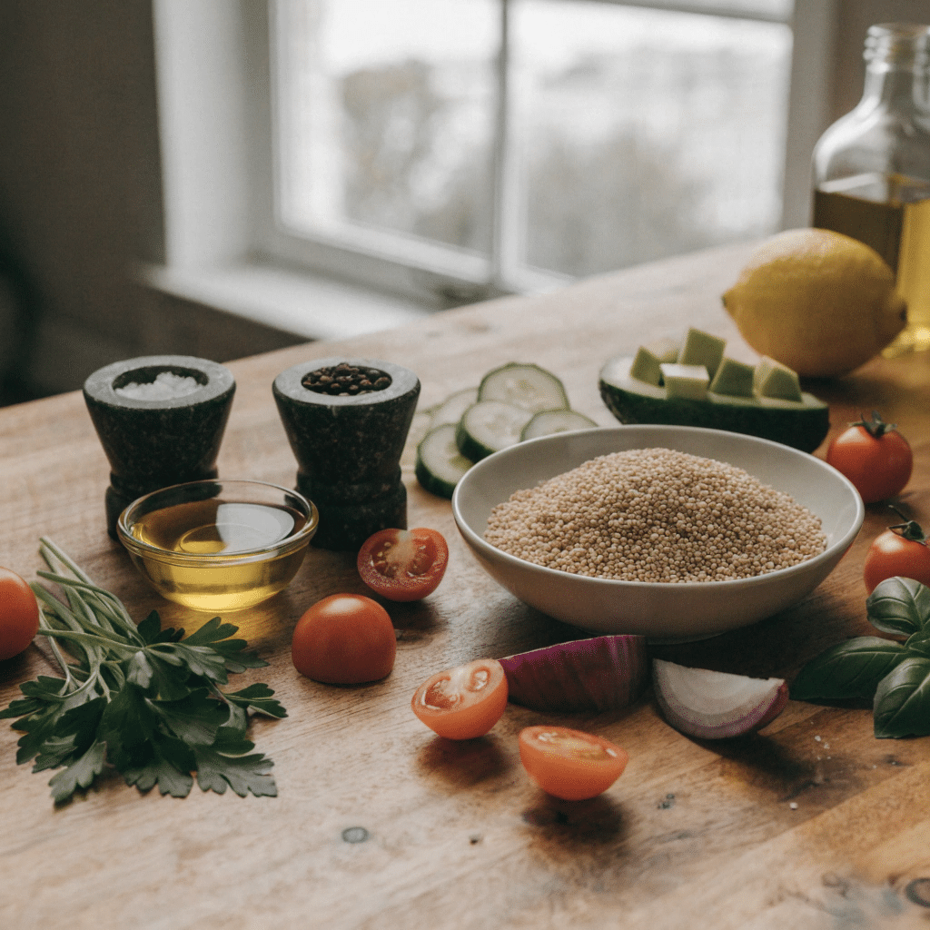 Ingredients for a citrus herb quinoa salad