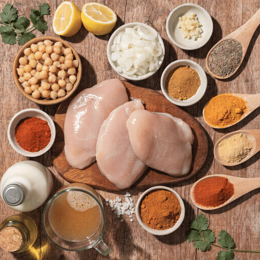 Ingredients of chickpea chicken protein curry