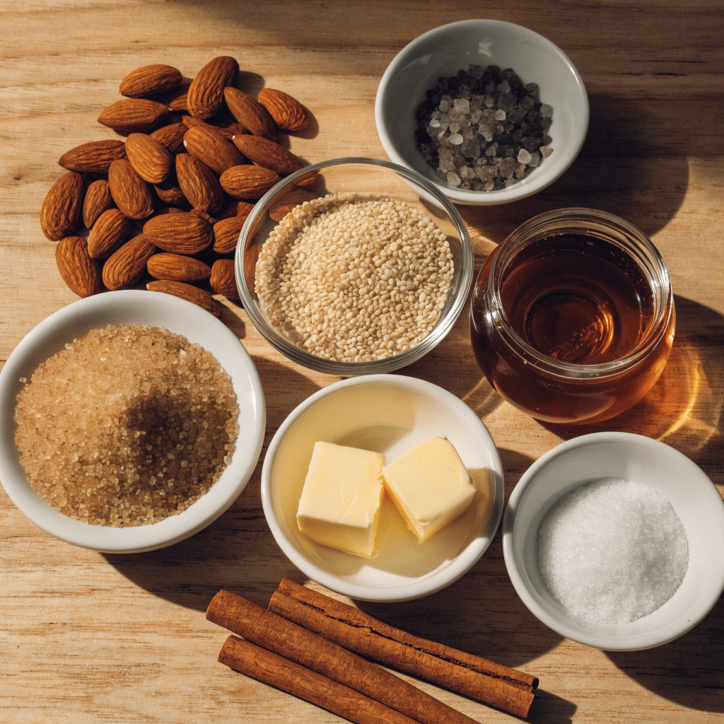 Ingredients for almond sesame crispy bites