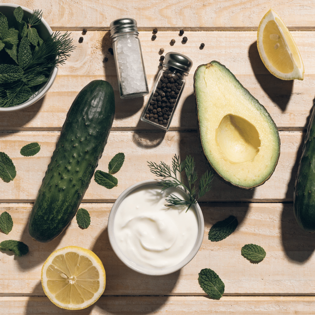Ingredients for cucumber avocado yogurt cups