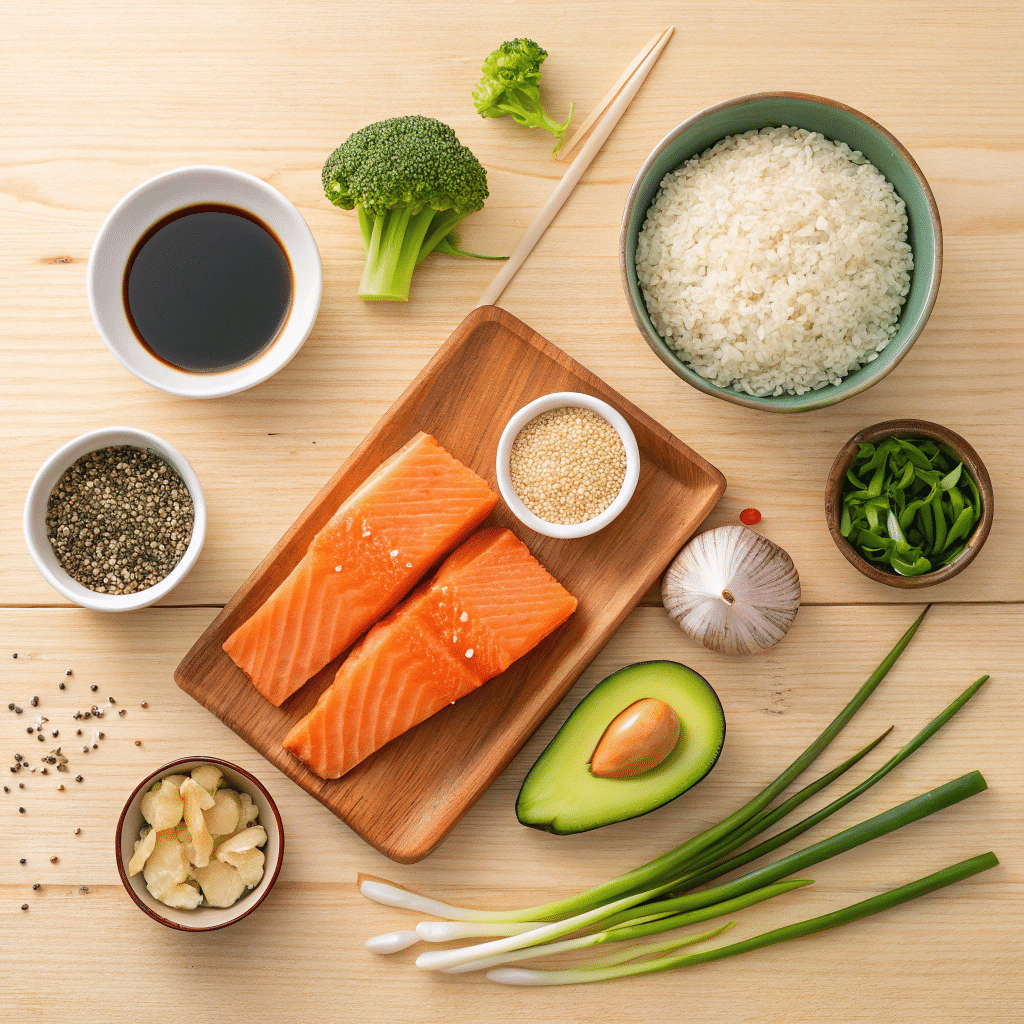 all ingredients for miso salmon bowl