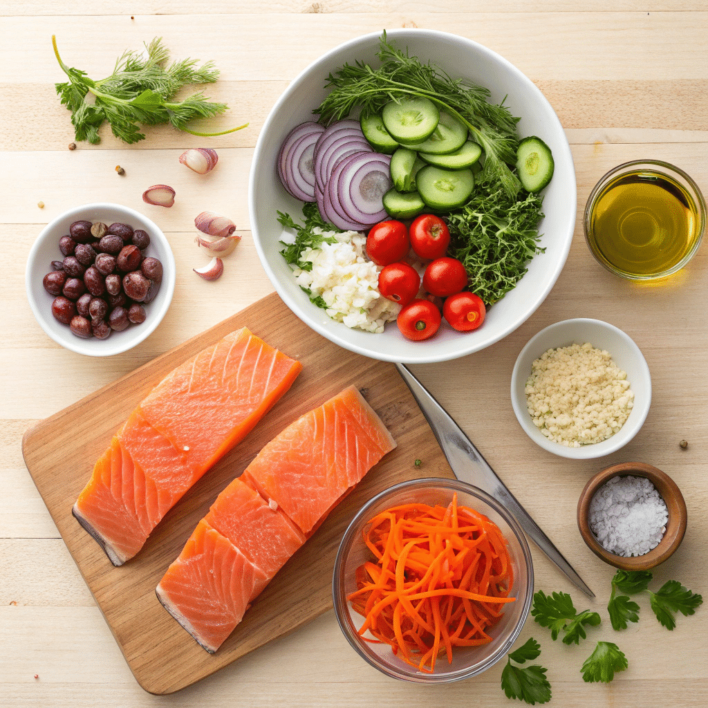 garlic herb salmon salad bowl ingredients