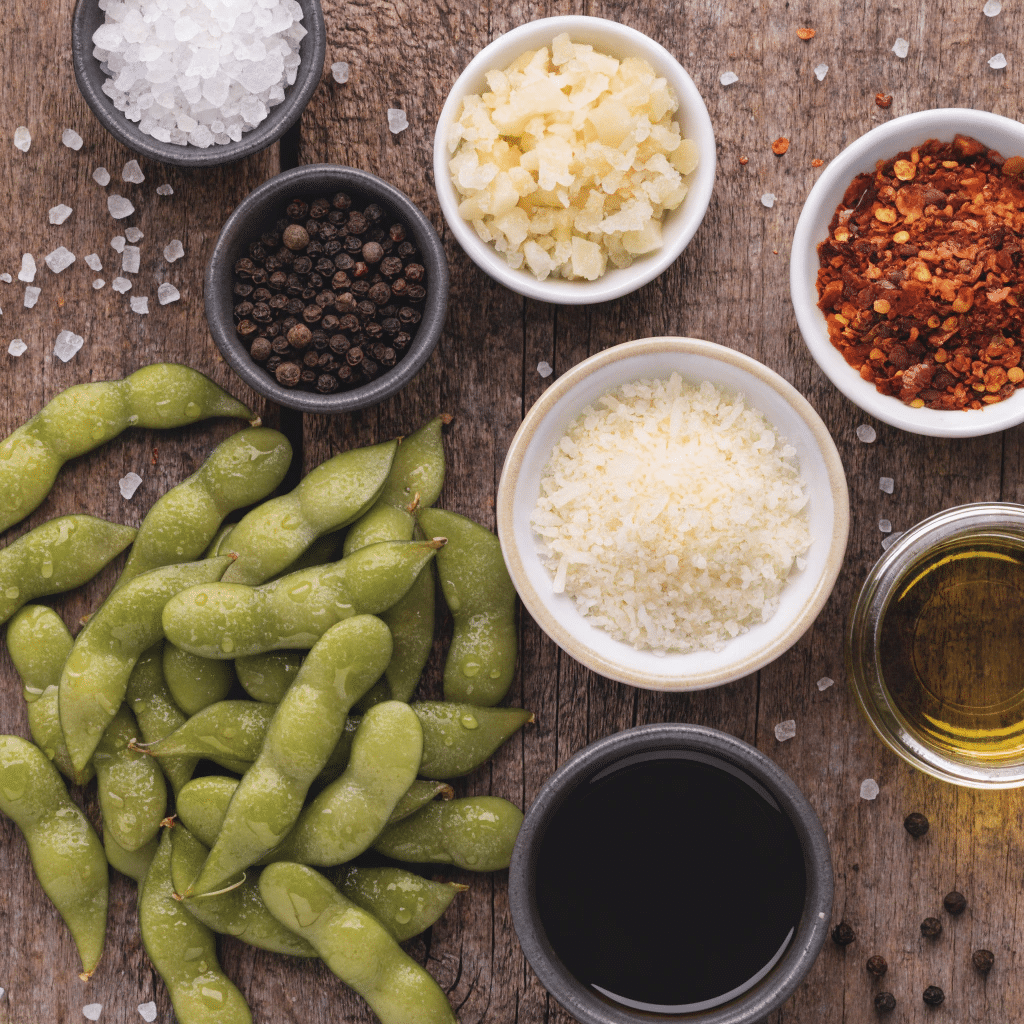 Ingredients for savory roasted garlic edamame