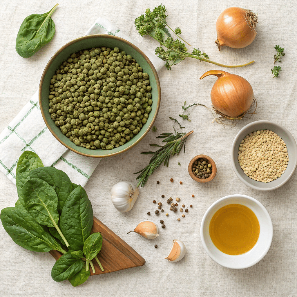 ingredients for a lentil and spinach skillet