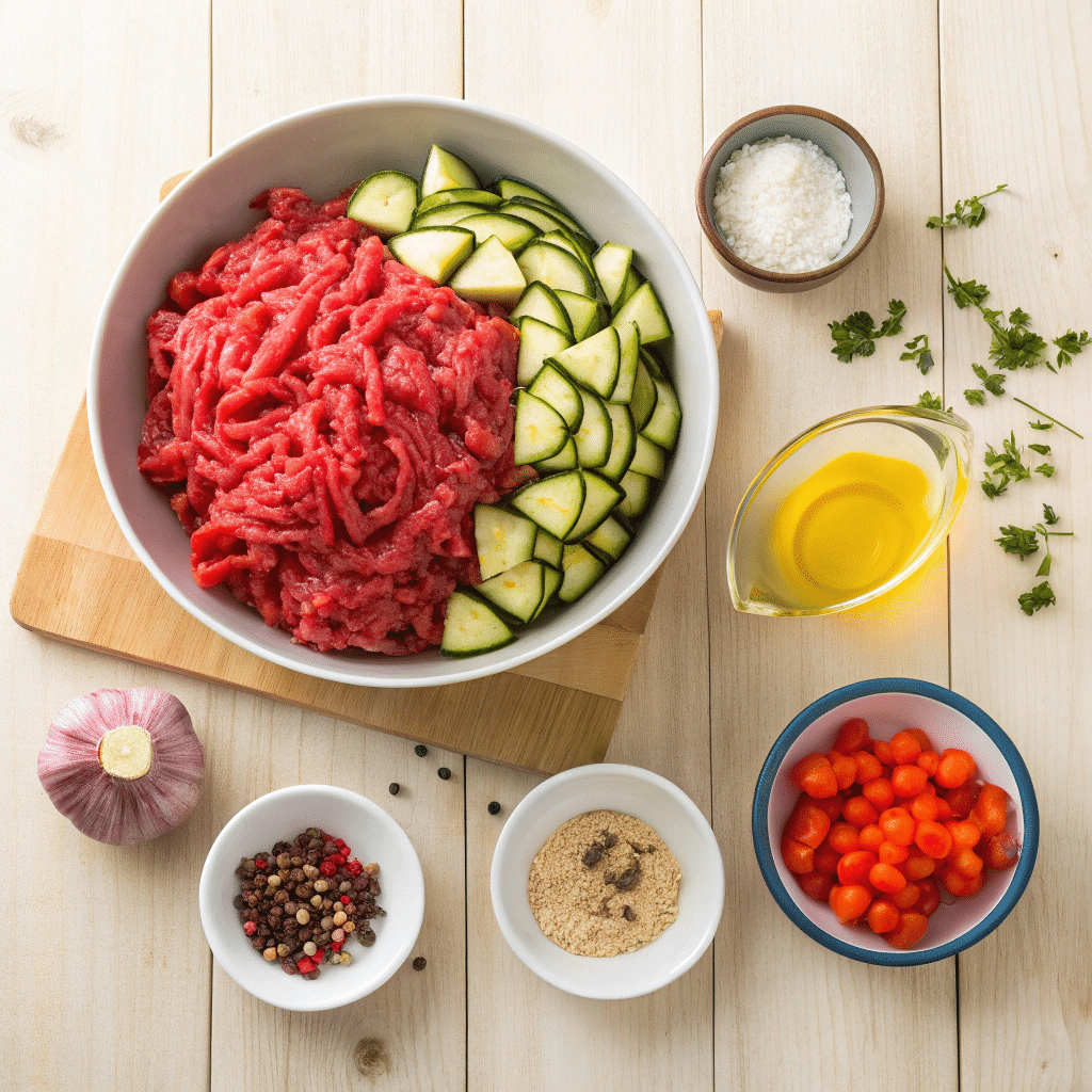 Ingredients for a beef zucchini protein skillet