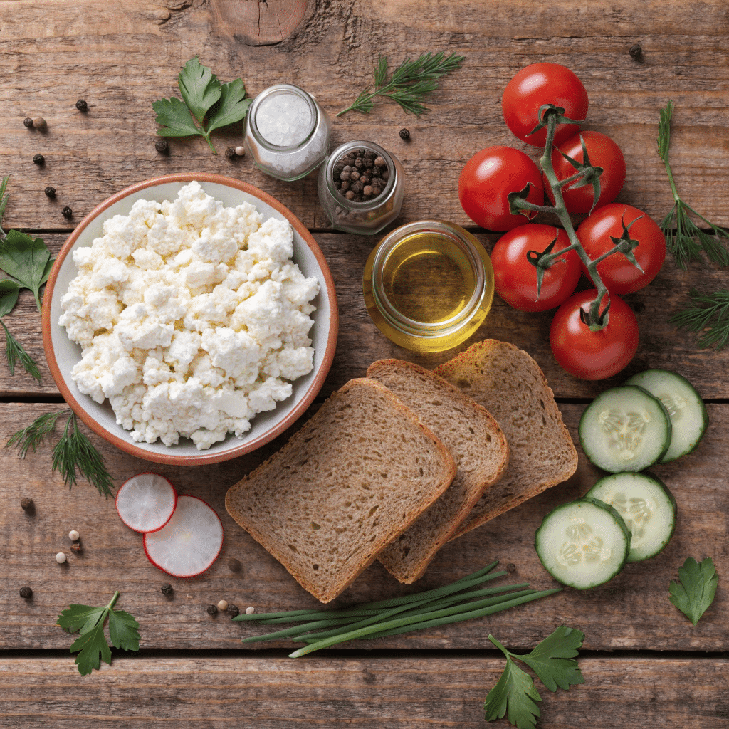Ingredients of savory cottage cheese toast