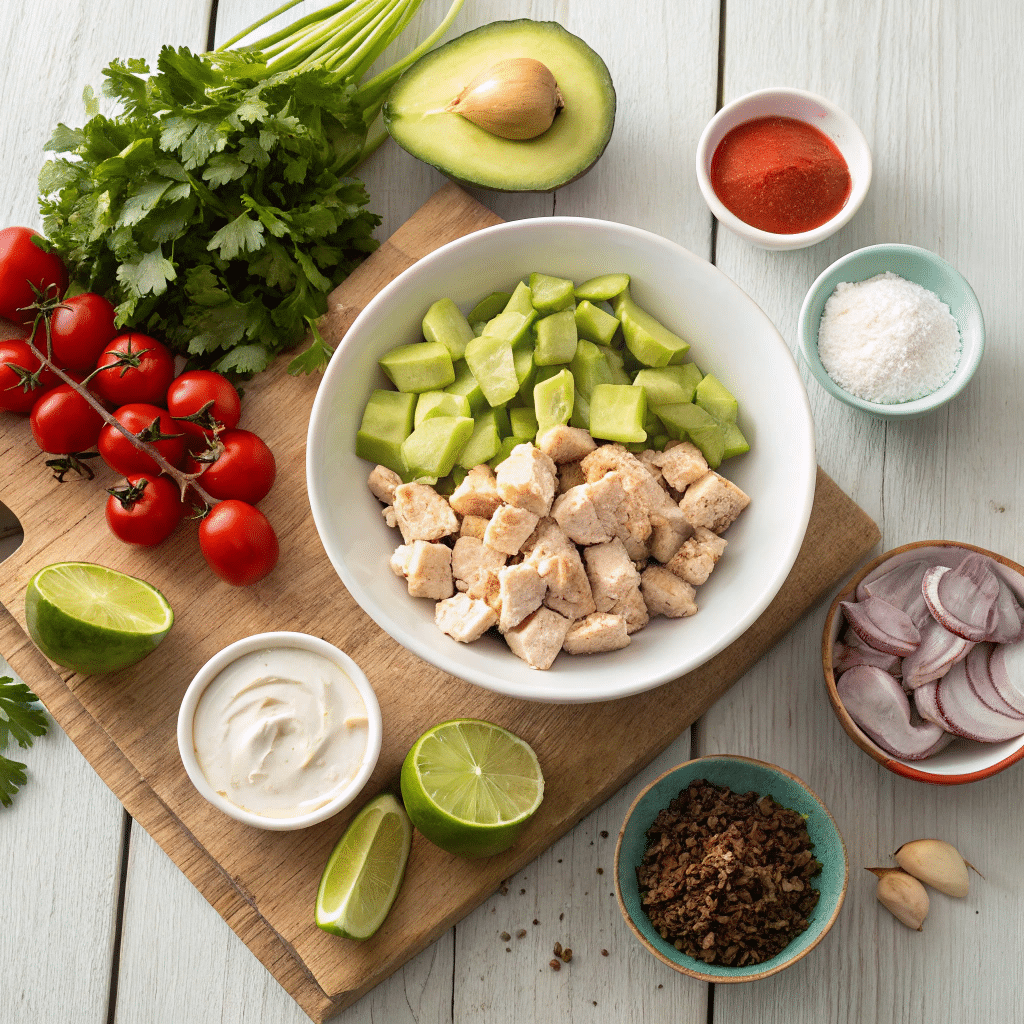 fresh ingredients for an avocado chicken salad