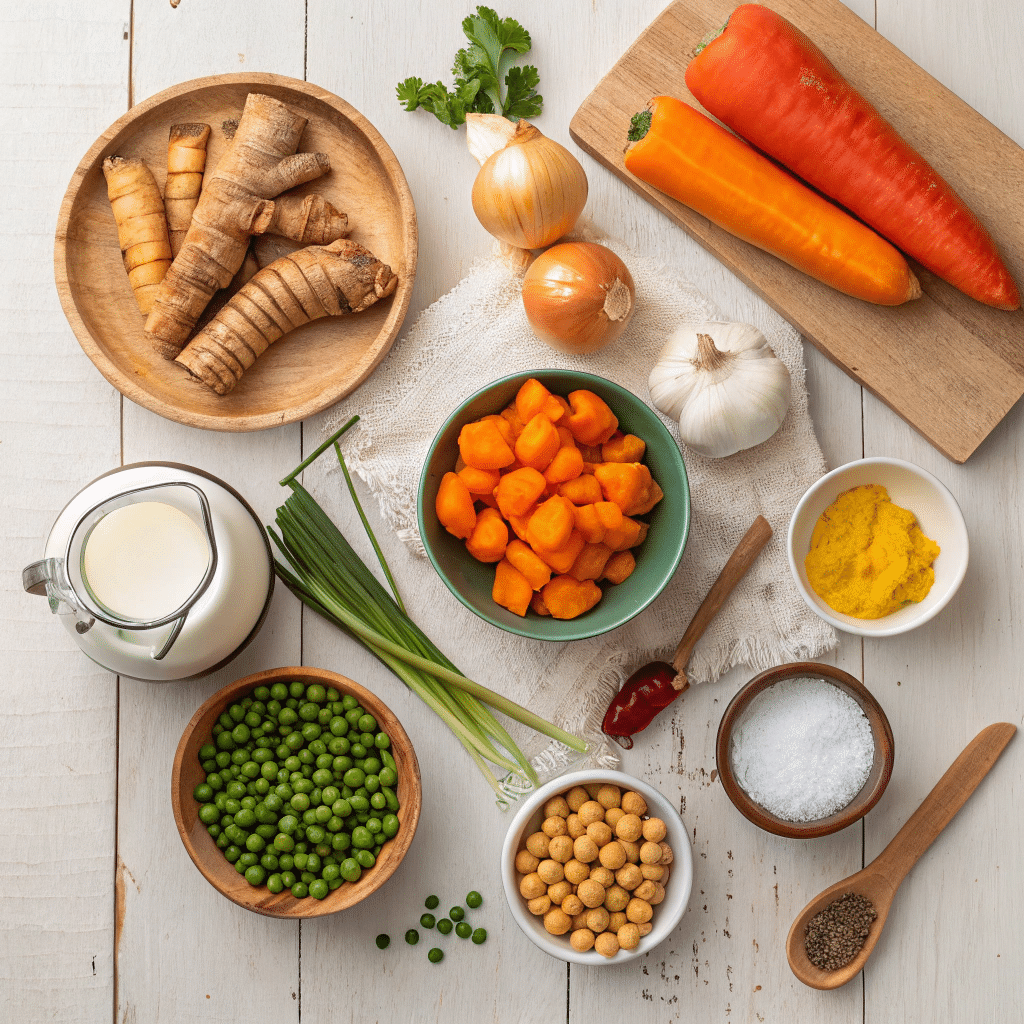 raw ingredients for turmeric veggie coconut stew