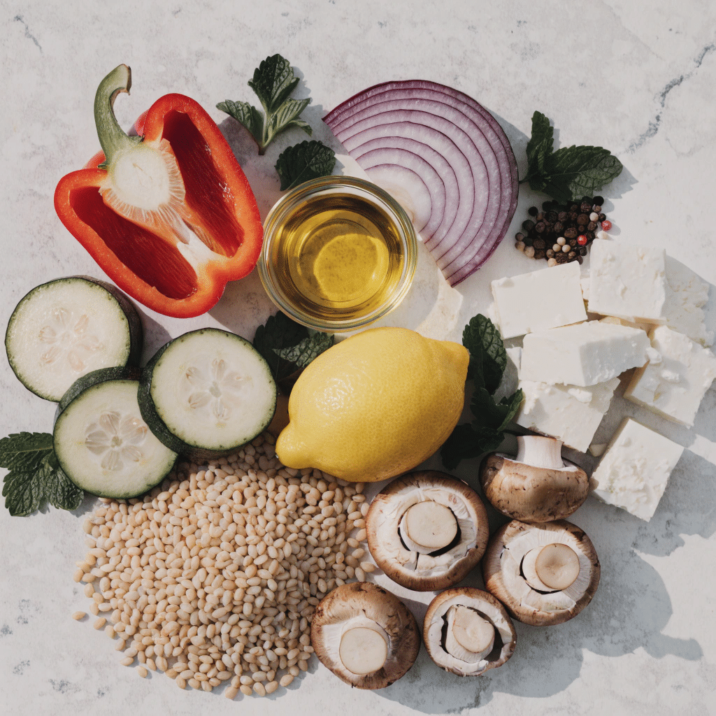 Ingredients for barley roasted veggie salad