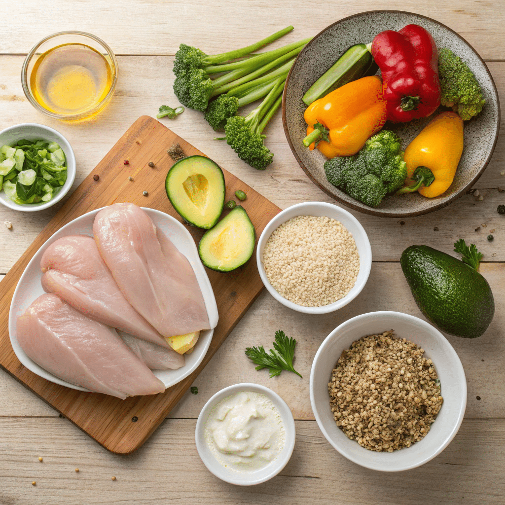 all ingredients for seared chicken protein bowls