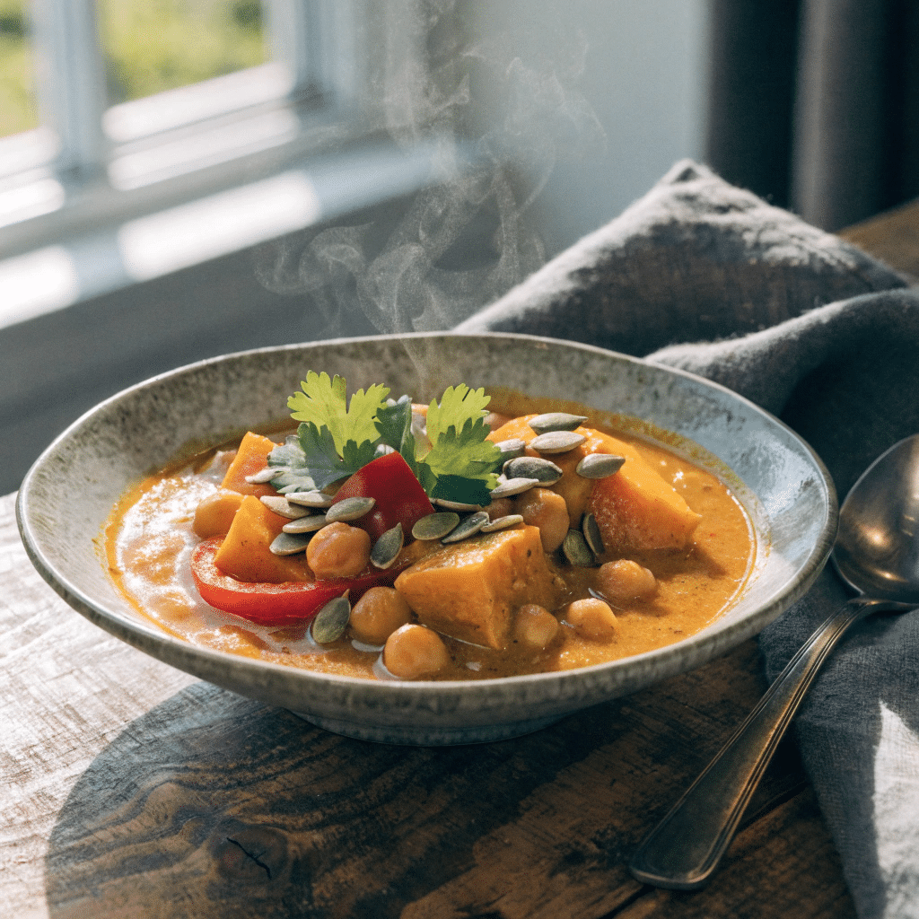 bowl of curried pumpkin coconut stew