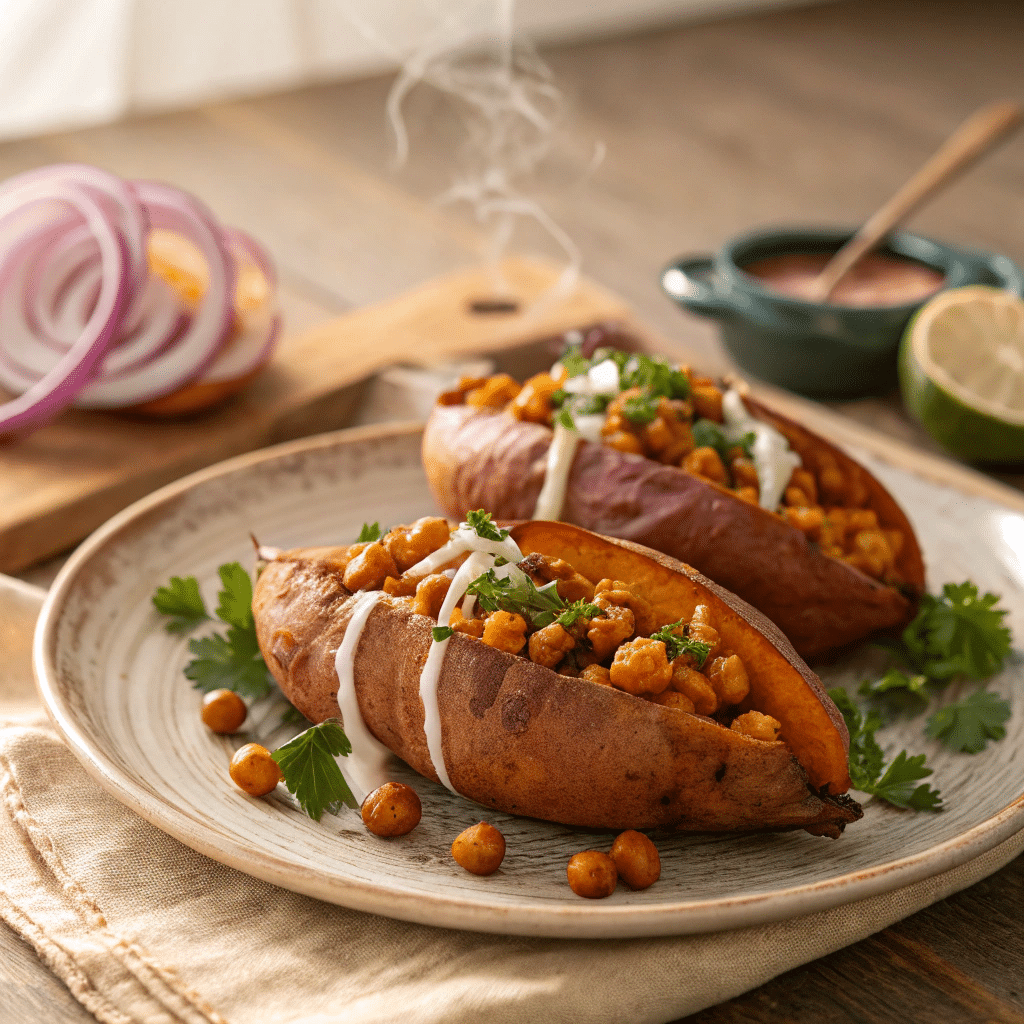 smoky chickpea stuffed sweet potatoes