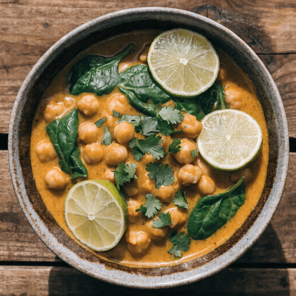 bowl of creamy spinach chickpea coconut curry