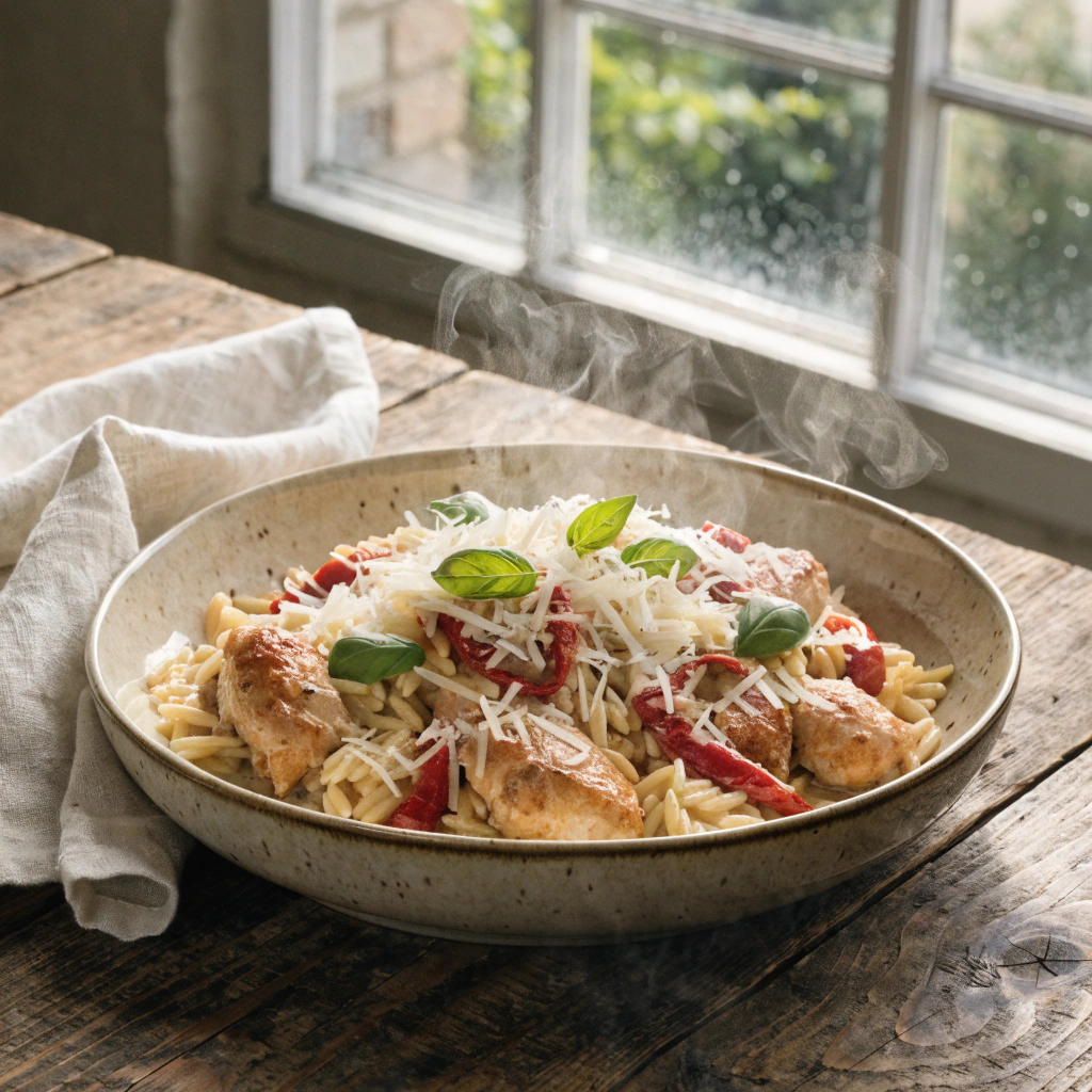 Roasted Red Pepper Chicken Orzo (Easy Mediterranean Comfort Bowl)