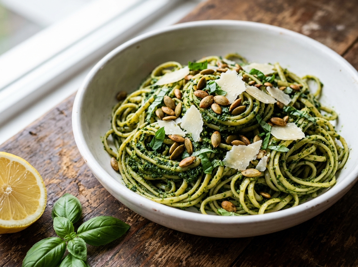Zinc-Rich Pumpkin Seed Pesto Pasta