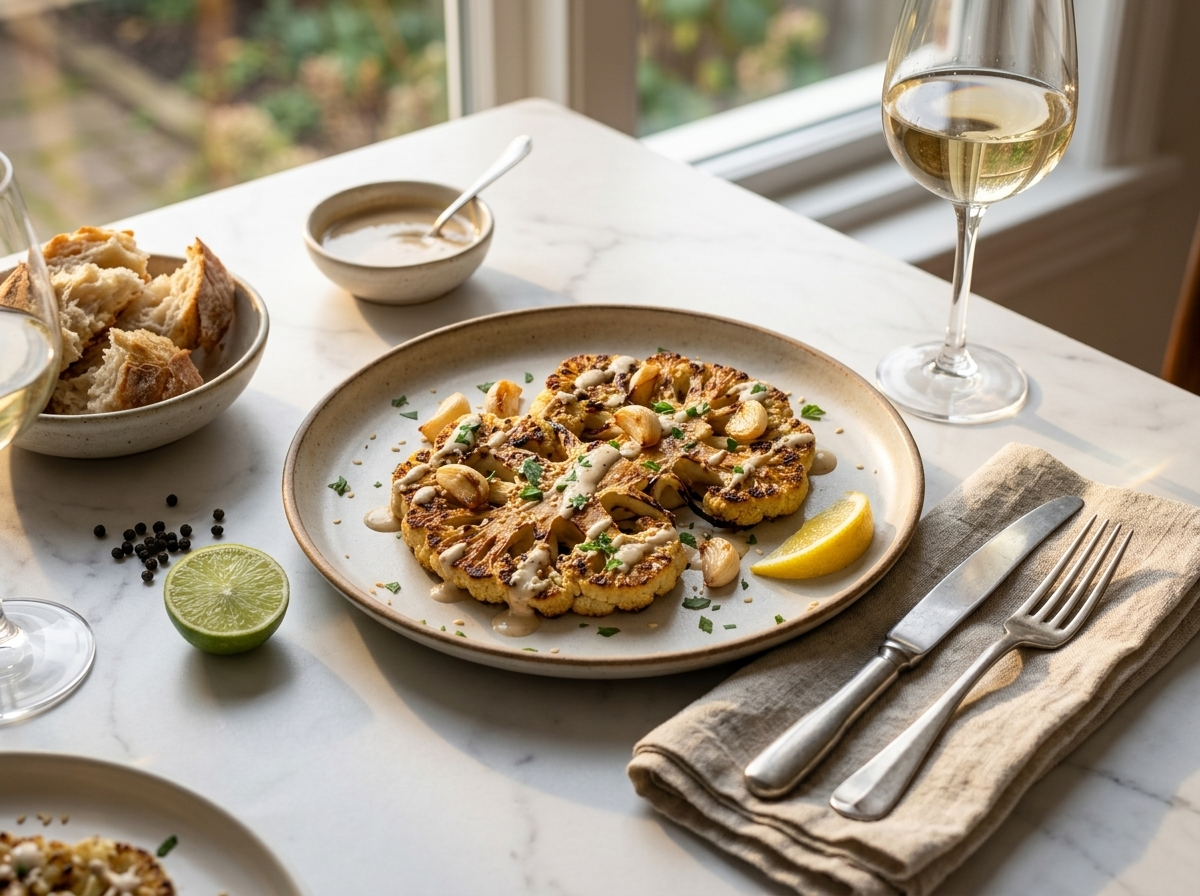 Plated roasted cauliflower steaks with tahini drizzle on a ceramic plate beside a linen napkin