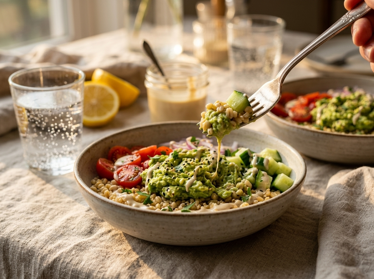 Two avocado barley bowls on a linen table with lemon, tahini jar, and sparkling water in warm light