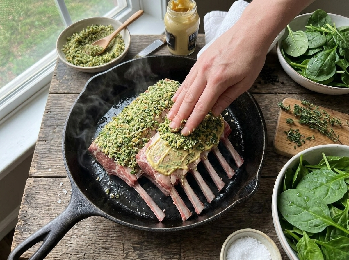 Pressing fresh herb and breadcrumb mixture onto Dijon-coated rack of lamb in a cast iron skillet before roasting