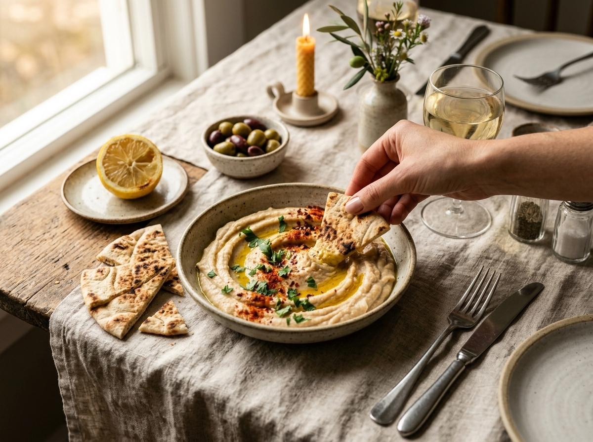 Hand dipping a pita wedge into spicy white bean dip on a linen-covered table with olives and white wine alongside