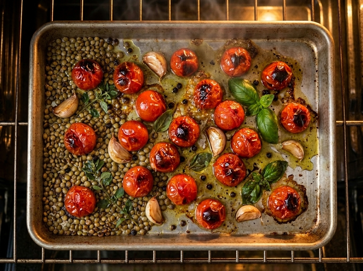 Cherry tomatoes and garlic cloves blistering on a sheet pan in the oven during roasting for lentil pasta sauce