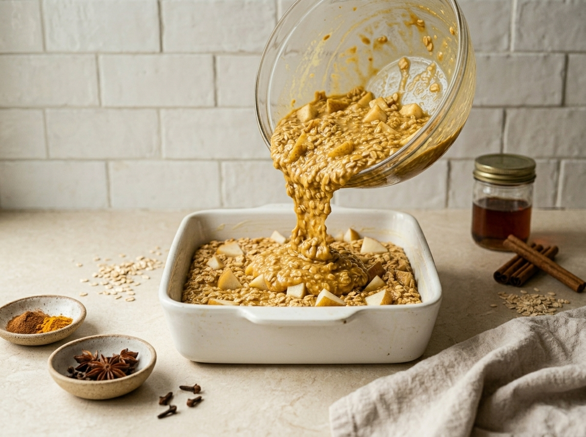 Spiced oat and pear batter being poured into a greased baking dish with turmeric-golden color visible