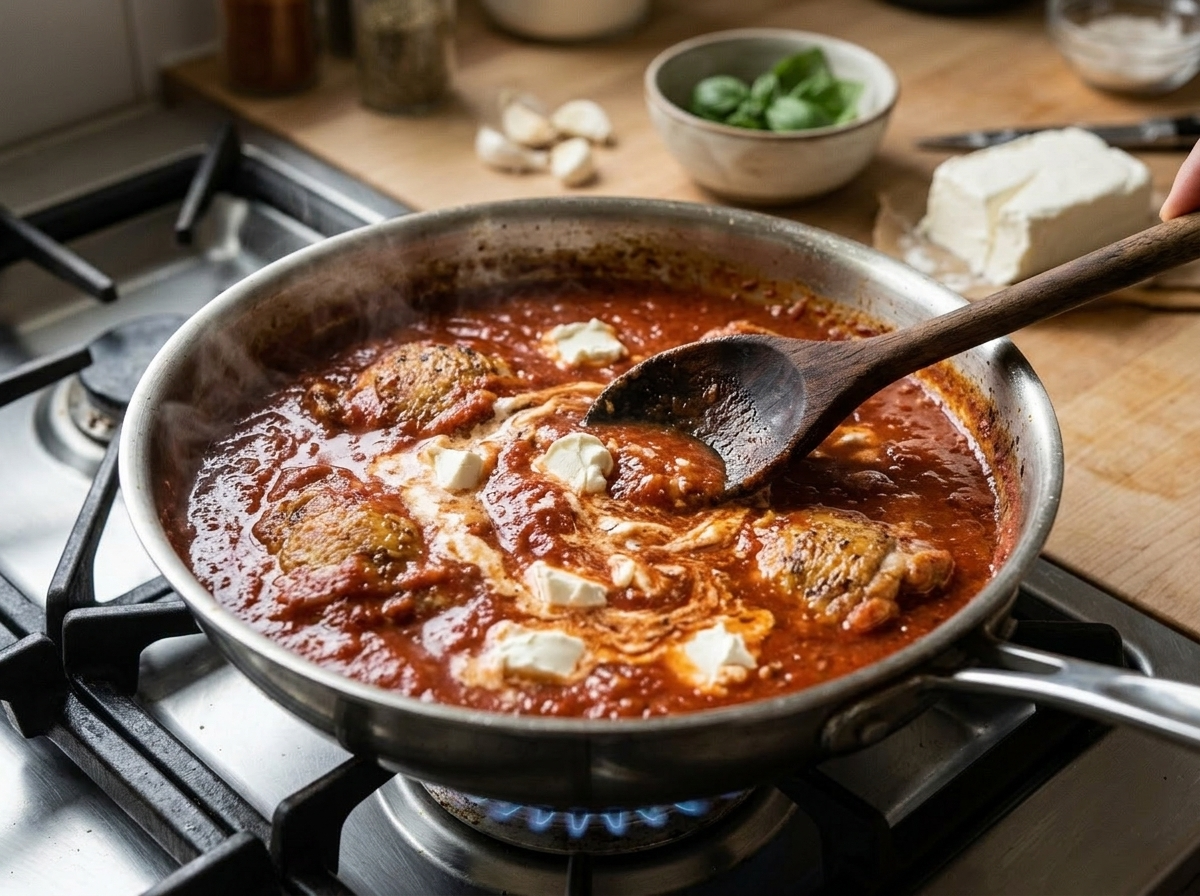 Creamy tomato sauce with melting cream cheese being stirred in a skillet on a gas burner