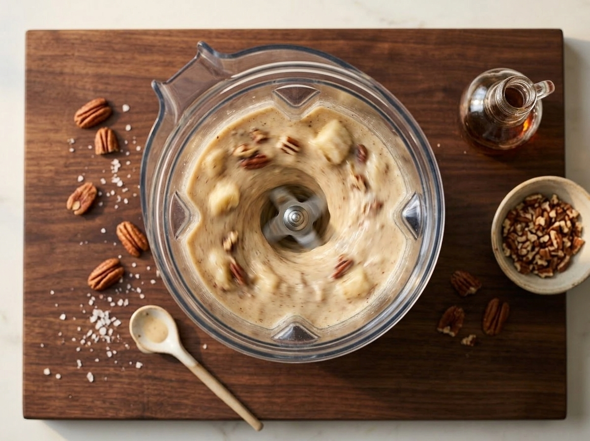 Salted maple pecan smoothie blending in a high-speed blender with frozen banana and toasted pecan pieces visible