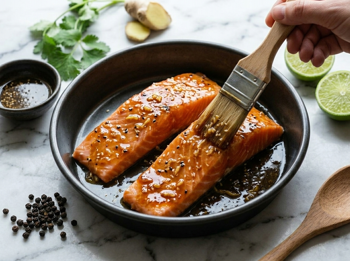 Pastry brush coating a raw salmon fillet with sticky honey ginger soy glaze before baking