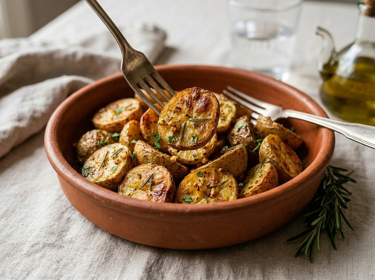 Vegan garlic herb roasted potatoes in a terracotta bowl with fresh rosemary and olive oil on linen