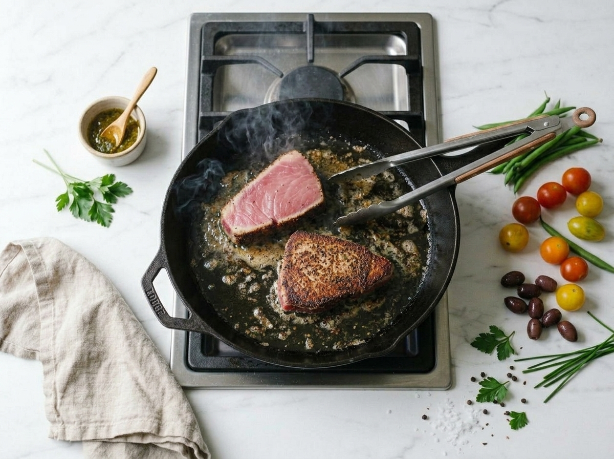Thick ahi tuna steaks searing in a cast-iron skillet with a dark crust forming on the edges