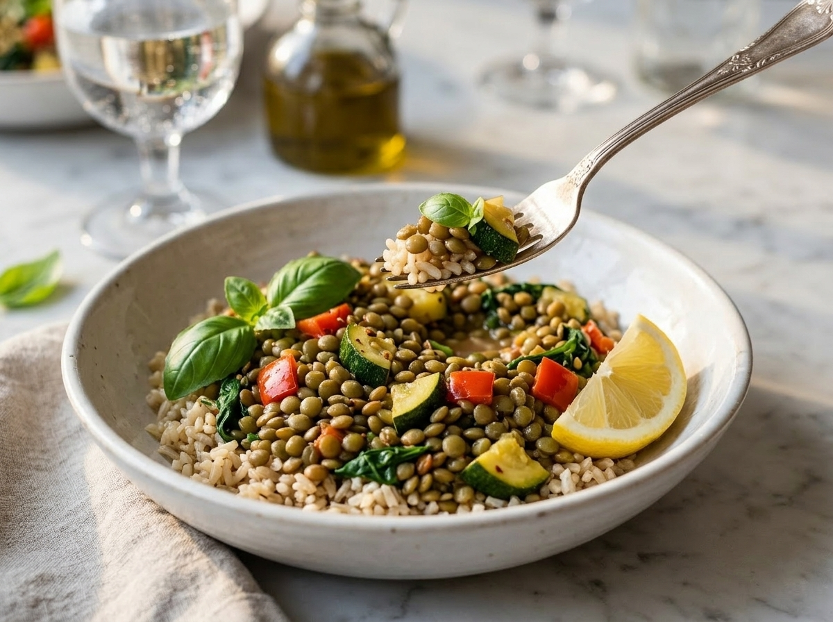 Bowl of basil lentil veggie skillet served over brown rice with a lemon wedge and fresh basil on top